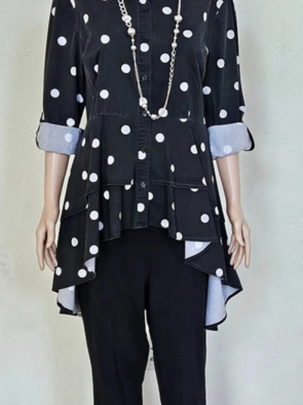 Polka Dot Midi Blouse in Black & White Distressed